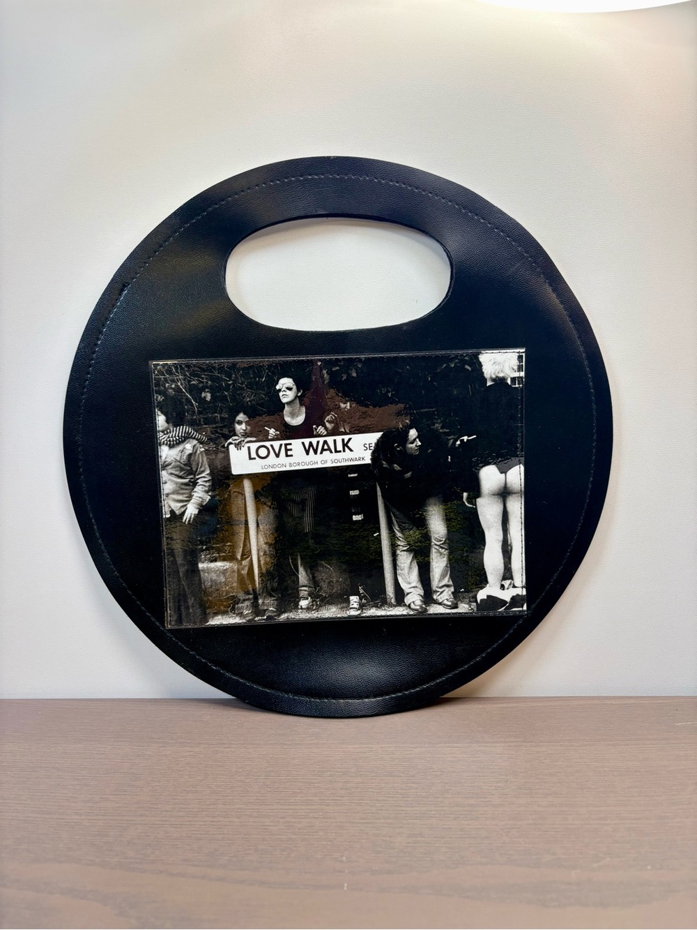Black Round Leatherette Handbag with Photo Panel